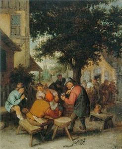 Pleasants Drinking And Smoking In A Village Courtyard by Cornelis Dusart