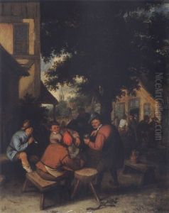 Peasants Drinking And Smoking In A Village Courtyard by Cornelis Dusart