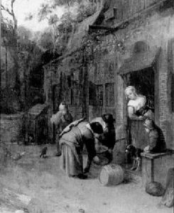 Figures Filling Water Jugs By A Cottage Door thumbnail
