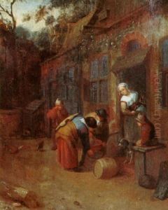 A Pedlar Offering Water To A Peasant Family By An Inn