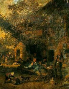Boors Drinking And Smoking At A Table In A Farmyard With A Peasant Woman And Children By A Pump Beyond
