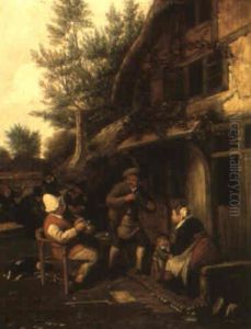 A Village Scene With A Family Sitting Outside A House With Revellers Beyond A Village Scene With A Family Sitting Outside A House With Revellers Beyond