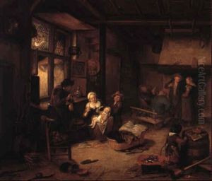 Peasants In A Kitchen Interior by Cornelis Dusart