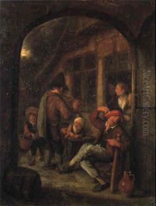 Flute Player Charming A Peasant And Children By A Farm by Cornelis Dusart