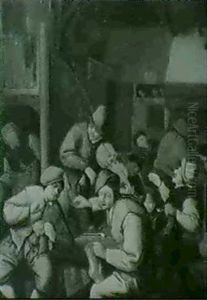 An Interior Of A Tavern With Peasants Drinking And A Fiddler Playing by Cornelis Dusart