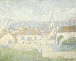 Sommerliche Ansicht Einer Hauserzeile, Im Hintergrund Eine Stadt by (Pierre) Leon Dusouchet