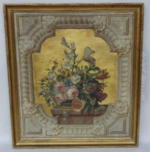 Bouquet De Fleurs Sur Un Entablement, Le Tout Dans Un Decor Architecture, Sur Fond Dore by Auguste Dussauce
