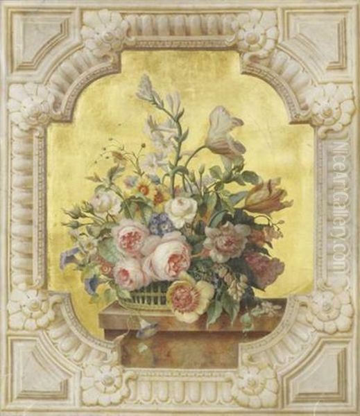Vase De Fleurs Sur Un Entablement Sur Fond Or - view 1