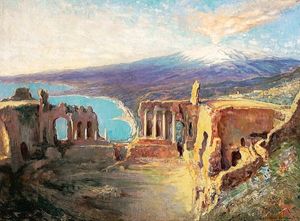 Blick Von Der Hohe Auf Den Rauchenden Schneebedeckten Aetna Und Die Bucht Von Taormina by Eduard Adrian Dussek