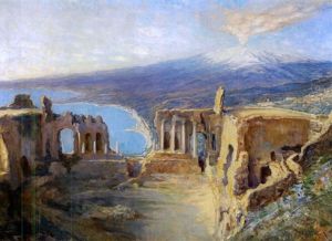 Blick Von Der Hohe Auf Den Rauchenden, Schneebedeckten Aetna Und Die Bucht Von Taormina by Eduard Adrian Dussek