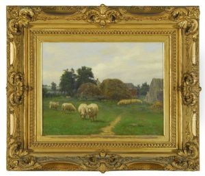 Farmyard Scene With Grazing Sheep by Silas S. Dustin