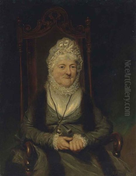 Portrait Of A Lady, Seated Half Length, Wearing A Green Dress And A Ribbon Bonnet With A Looking Glass - view 1