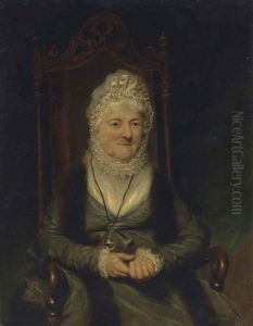Portrait Of A Lady, Seated Half Length, Wearing A Green Dress And A Ribbon Bonnet With A Looking Glass by Benjamin Duterrau