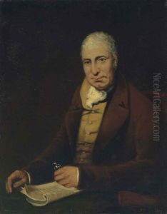 Portrait Of Gentleman, Seated Half Length At A Table, Wearing A Brown Coat, Mustard Waistcoat And Stock, Holding His Spectacles, With A Magazine