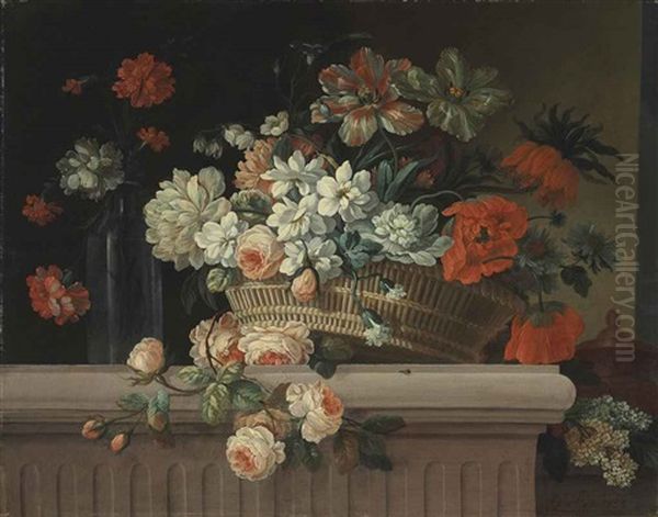 Flowers In A Basket And A Glass Bottle On A Stone Ledge - view 1