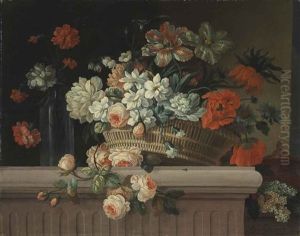 Flowers In A Basket And A Glass Bottle On A Stone Ledge by Jaques-Charles Dutillieu