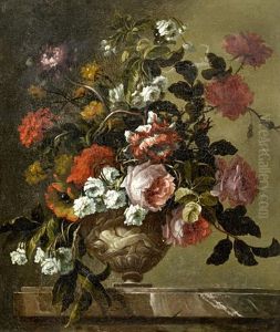 Roses, Chrysanthemums, Poppies And Other Flowers In A Stone Urn On A Marble Ledge by Jaques-Charles Dutillieu