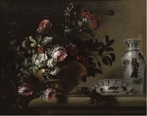 Red And White Roses In A Brass Urn With A Porcelain Bowl And Vase On A Stone Ledge by Jaques-Charles Dutillieu