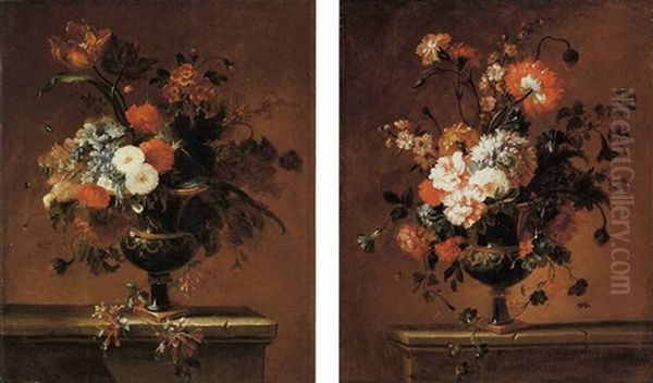 Carnations, Peonies, Narcissi And Other Flowers In An Urn On A Ledge - view 1