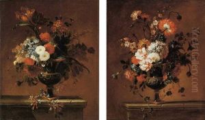 Carnations, Peonies, Narcissi And Other Flowers In An Urn On A Ledge