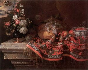 A Still Life Of A Terracotta Bowl Of Grapes And A Blue And White Bowl Of Strawberries On A Turkish Carpet And A Vase Of Flowers A Still Life Of A Terracotta Bowl Of Grapes And A Blue And White Bowl Of Strawberries On A Turkish Carpet And A Vase Of Flowers