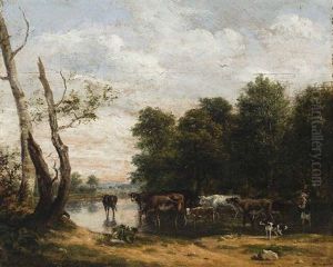Hirten Mit Weidevieh Am Wasser by Francois Duval