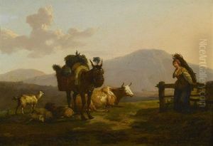 Idyllische Landschaft Mit Reisigsammlerin Und Vieh by Francois Duval