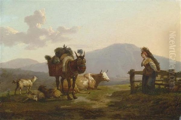Reisigsammlerin Und Vieh Vor Abendlicher Berglandschaft - view 1