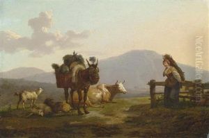 Reisigsammlerin Und Vieh Vor Abendlicher Berglandschaft by Francois Duval