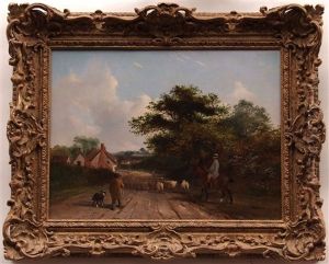 Herder And Dog With Flock Of Sheep In Country Lane, Horse And Rider by John Duvall