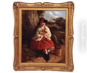 Young Girl Seated Holding A Bouquet Of Wild Flowers In A Suffolk Landscape by John Duvall