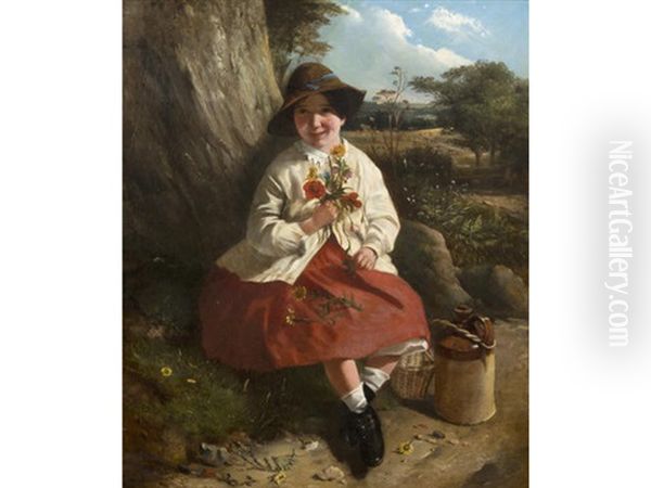 Young Girl Seated With Flowers In A Summer Landscape - view 1