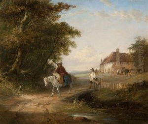 Figures And Horse On A Country Track, A Cottage Beyond by John Duvall