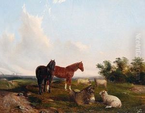 Horses, Sheep And A Donkey In A Summer Landscape