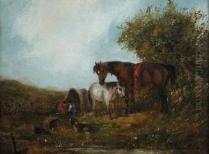 A Gypsy Encampment With A Bay And A Grey Pony, A Spaniel Alongside