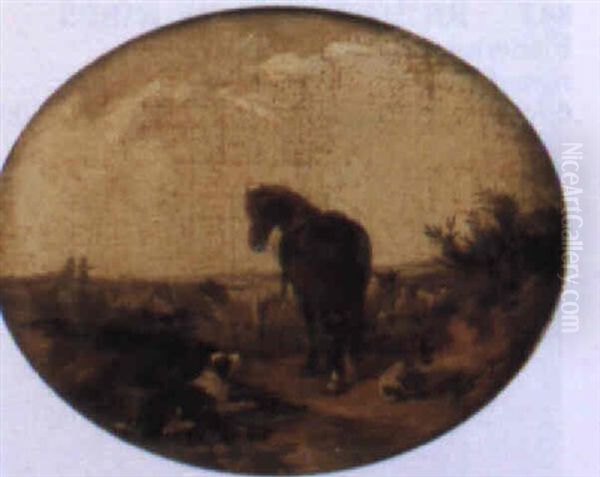 A Pony On A Country Path With Sheep And A Sheepdog - view 1