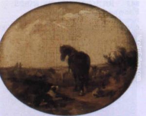 A Pony On A Country Path With Sheep And A Sheepdog