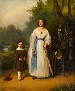 Young Girl And Child In A Garden by Jules Alexandre Duval-Lecamus