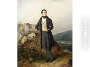 Portrait Of A Gentleman, Full-length, In A Yellow Waistcoat And A Morning Coat, Holding A Book And A Pen, In A Mountainous Landscape