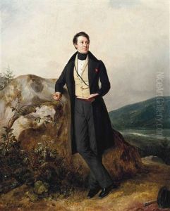 Portrait Of A Man, Full Length, In A Yellow Waistcoat And A Morning Coat, Holding A Book And A Pen, In A Mountainous Landscape