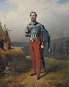 Portrait D'un Officier En Pied Posant Devant Un Campement Militaire