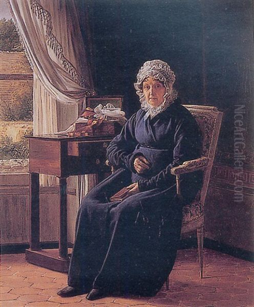 Portrait D'une Femme En Robe Bleu Assise A Son Ouvrage - view 1
