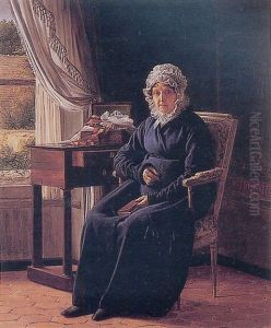 Portrait D'une Femme En Robe Bleu Assise A Son Ouvrage by Pierre Duval-Lecamus
