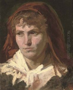 Portrait Of A Lady In A Red Headscarf by Frank Duveneck