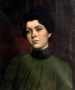 Portrait Of A Woman In Green Dress Wiith High Collar by Frank Duveneck