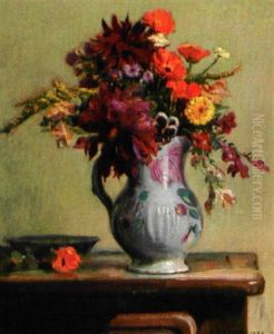 Bouquet De Dahlias Et Gueles De Loups Dans Un Pichet by Charles Jules Duvent