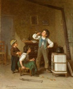 Das Reizende Genre Zeigt Zwei Buben Und Ein Madchen Beim Heimlichen Rauchen Einer Zigarette Bzw by Duverger, Theophile Emmanuel