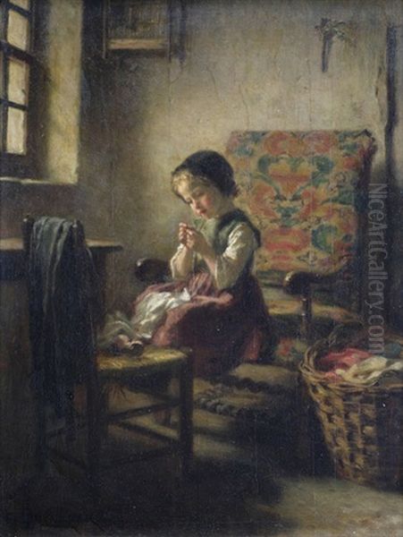 Interieur Mit Einem Kleinen Madchen Bei Der Handarbeit - view 1