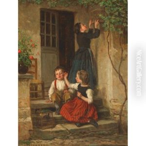 Chasing A Bee Off Brother's Cheek by Duverger, Theophile Emmanuel