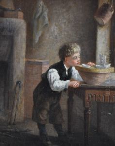Boy Playing With Toy Boats In The Kitchen by Michel Arnoux